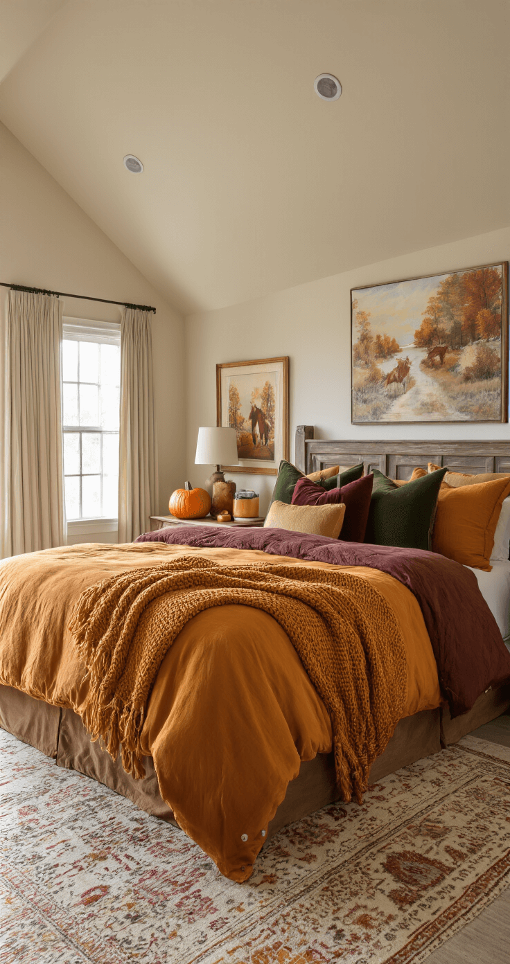 A cozy 12x14 foot bedroom with vaulted ceilings, featuring a queen-sized bed dressed in a burnt orange comforter and mustard throw, accented by pillows in deep green, burgundy, and chocolate brown. Sunlight filters through sheer curtains, illuminating autumn-themed artwork and a vintage mirror, while a wooden nightstand holds a carved pumpkin and a fall-scented candle. Fall Bedding