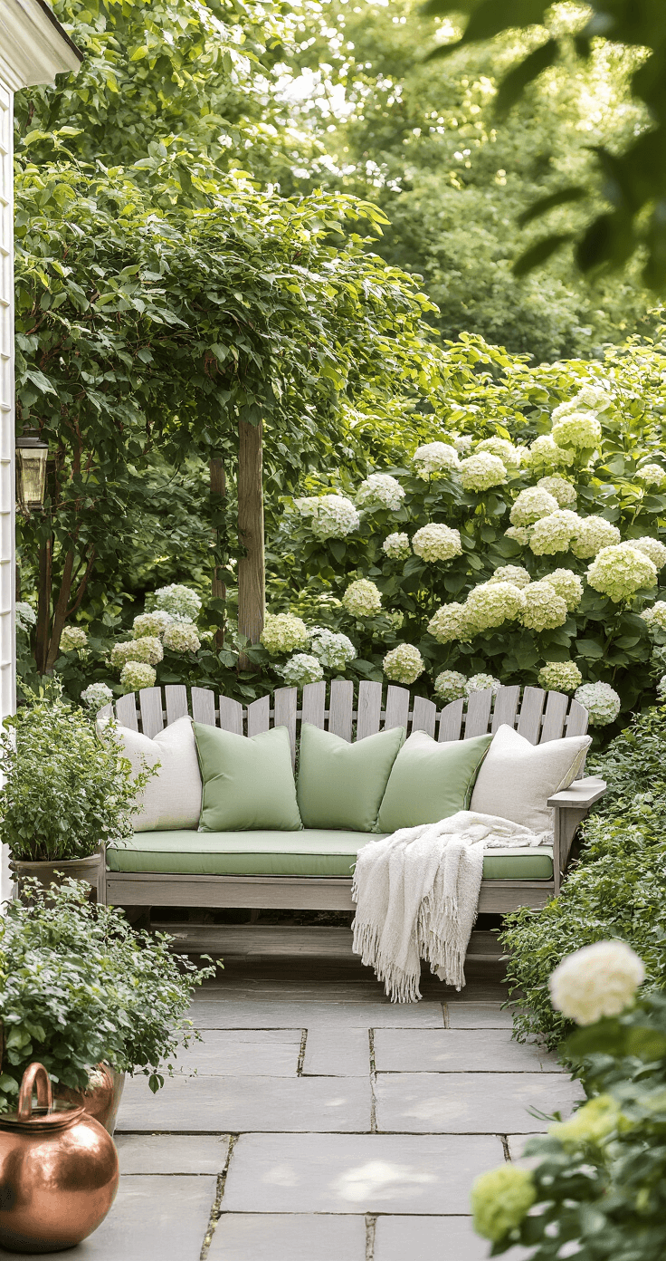 A tranquil 16x20ft garden alcove featuring a weathered cedar Adirondack-style bench with sage green cushions, surrounded by soft-focus hydrangeas and carpet roses, captured in warm afternoon light.