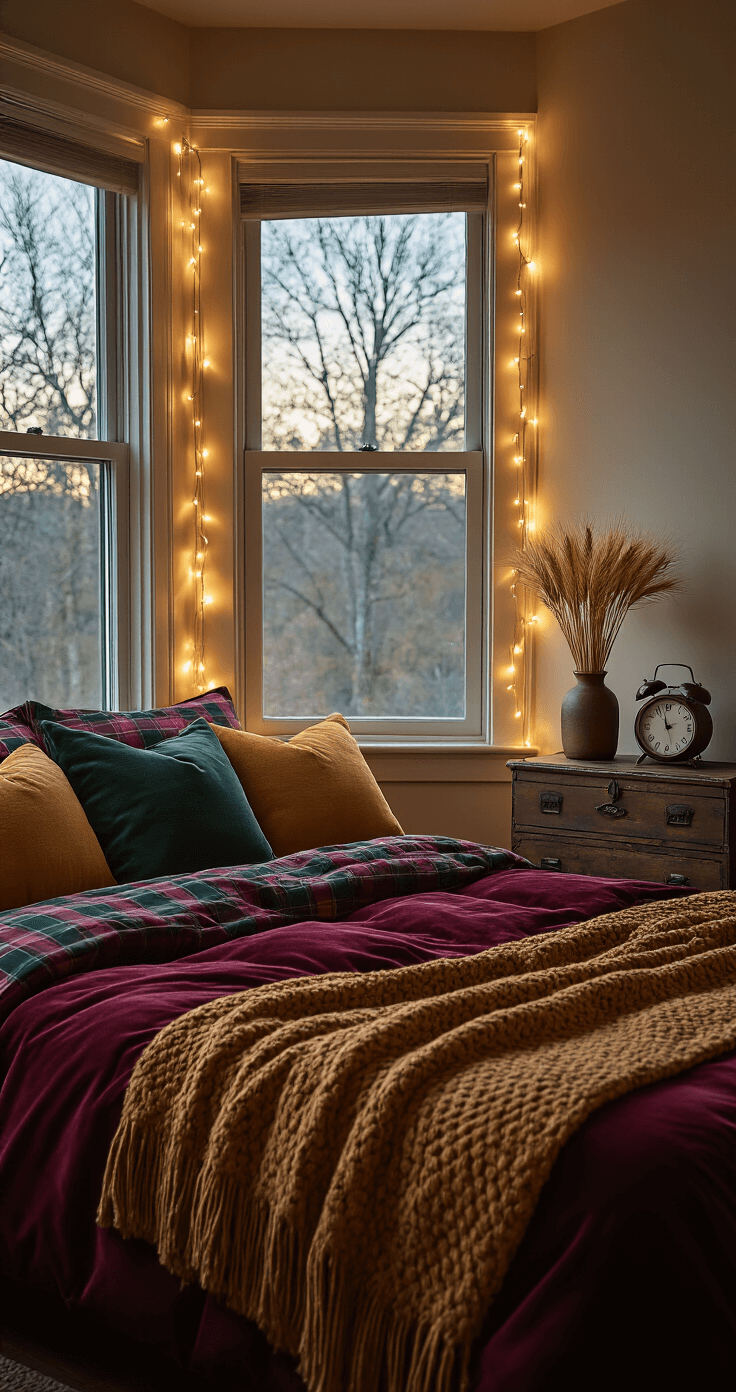 Cozy bedroom with a bay window nook, featuring a queen bed dressed in burgundy velvet, plaid flannel sheets, and pillows in forest green and golden yellow, illuminated by soft string lights at dusk.