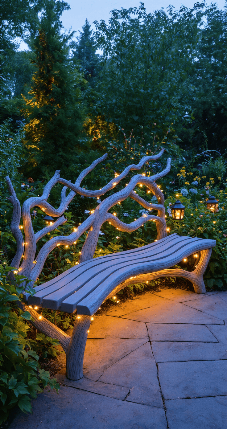 An enchanted garden corner at twilight features a custom branch-form bench with flowing lines, surrounded by perennials and illuminated by LED strip lighting, fairy lights, and lanterns.
