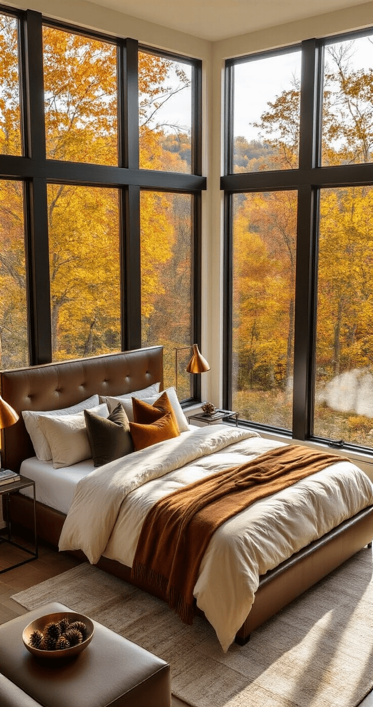 A spacious master bedroom with floor-to-ceiling windows showcasing a vibrant fall landscape, featuring a queen bed with a chocolate brown leather headboard, cream comforter, and autumn-colored accent pillows, illuminated by early morning light and casting long shadows.
