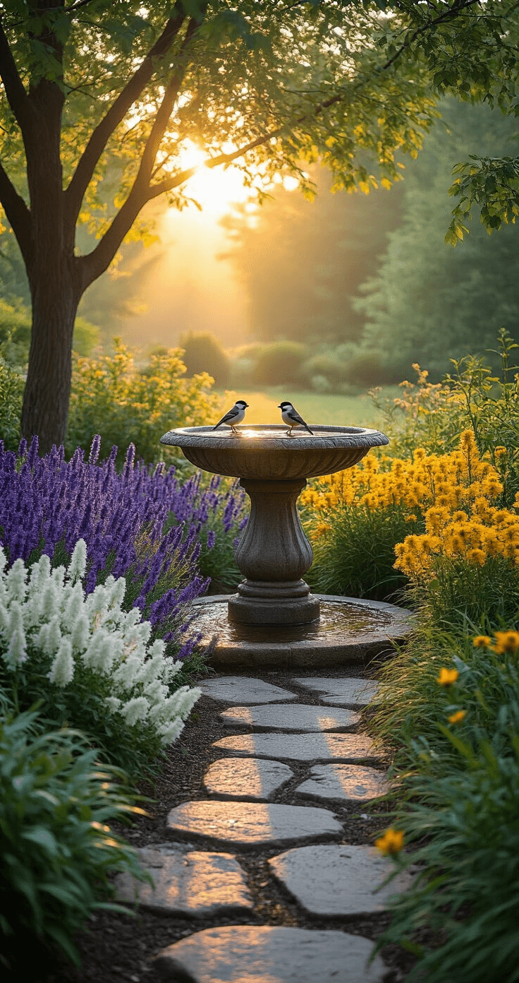 A tranquil morning garden featuring a weathered stone bird bath surrounded by vibrant purple salvia, white astilbe, and yellow butterfly bush, with golden sunrise light filtering through trees, dewdrops on foliage, and chickadees perched on the bath's rim.