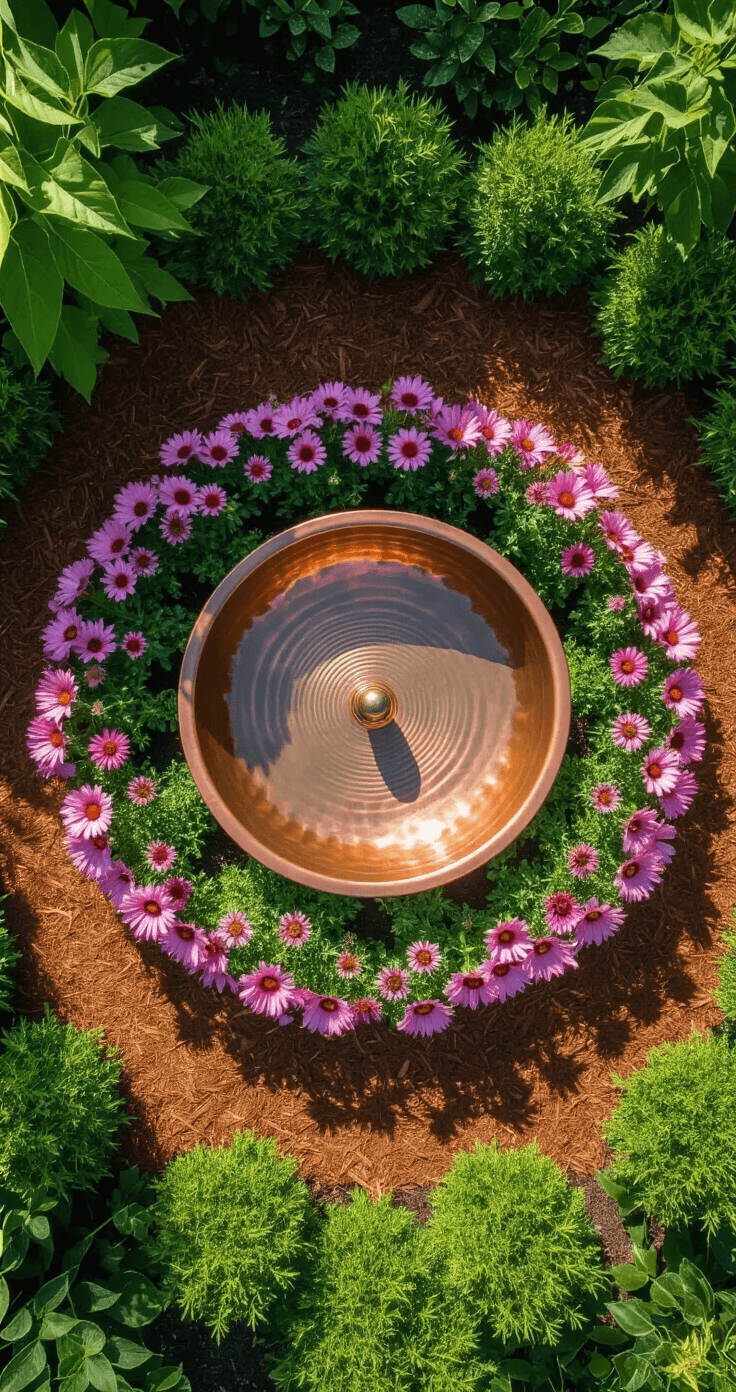 Overhead view of a circular flower bed featuring a copper bird bath at the center, surrounded by concentric circles of creeping thyme, pink cone flowers, and tall purple verbena, with rich terra cotta mulch and vibrant green foliage, showcasing an organized and symmetrical garden design.