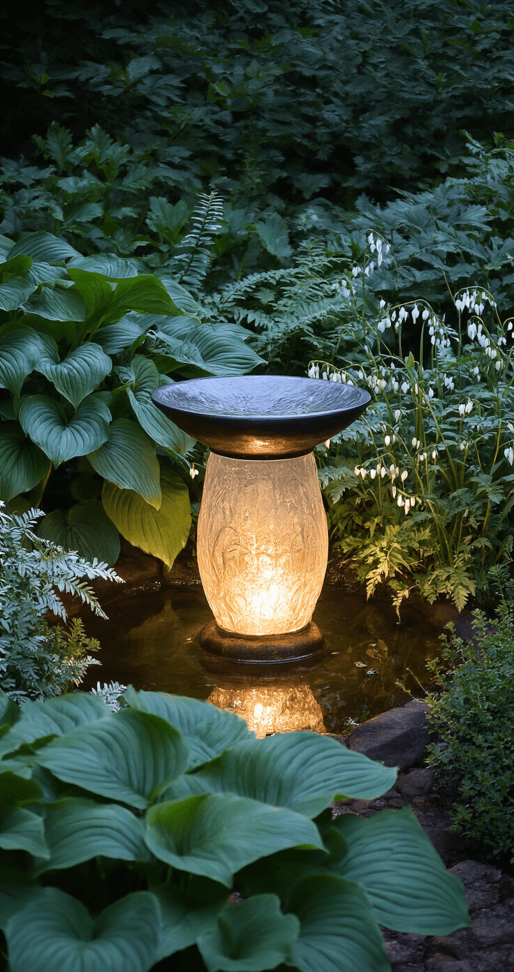 A twilight garden scene at ground level, showcasing a glowing glass bird bath surrounded by dark green hostas, silver Japanese painted ferns, and white bleeding hearts, illuminated by soft landscape lighting that casts mysterious shadows, captured with an 85mm lens at f/2.8 for an ethereal atmosphere.