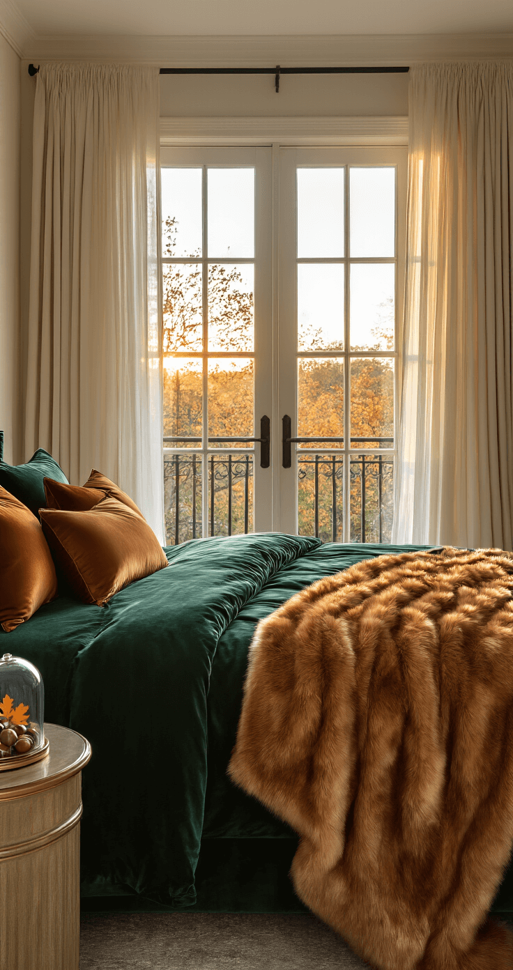 A luxurious bedroom with French doors opening to a balcony, featuring a queen bed with a deep green velvet comforter, silk pillows in copper and bronze, and a caramel faux fur throw. A nightstand holds a glass cloche with autumn leaves and acorns, while sheer curtains gently billow. The warm golden light of sunset creates an inviting autumnal atmosphere.