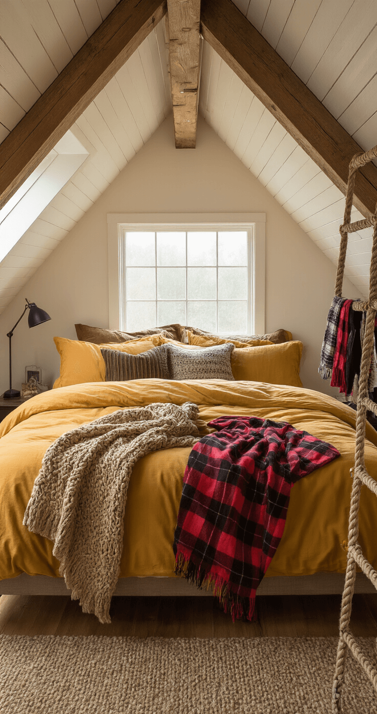 Cozy attic bedroom with wooden beams and a queen bed dressed in mustard yellow and brown pillows, featuring a plaid blanket, rope ladder with socks and scarves, glowing softly under rainy afternoon light.