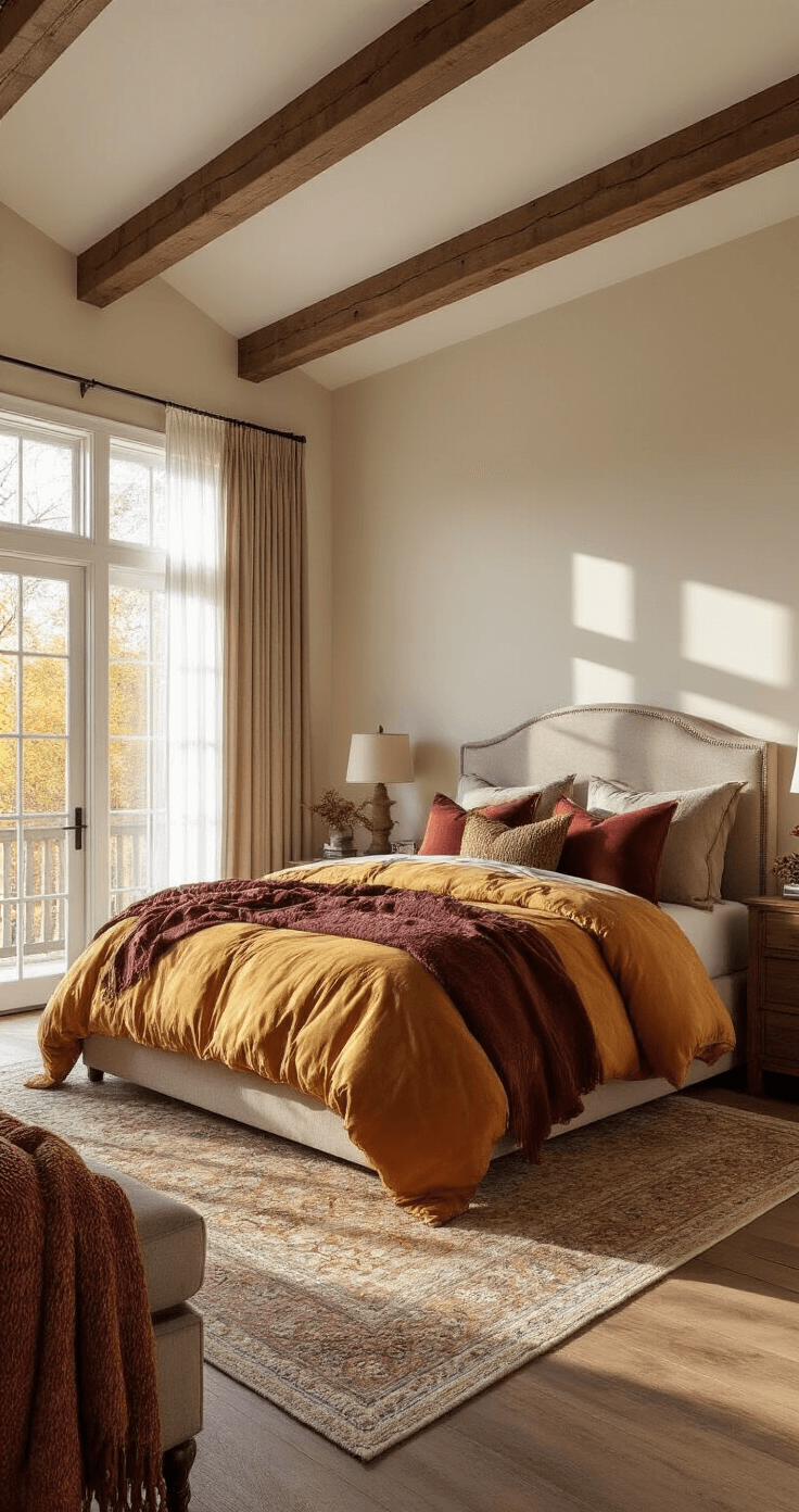 A spacious master bedroom featuring a grand king-size bed with luxurious autumn-inspired bedding, vaulted ceilings with exposed wooden beams, and soft morning sunlight filtering through sheer curtains, creating a warm and inviting atmosphere.