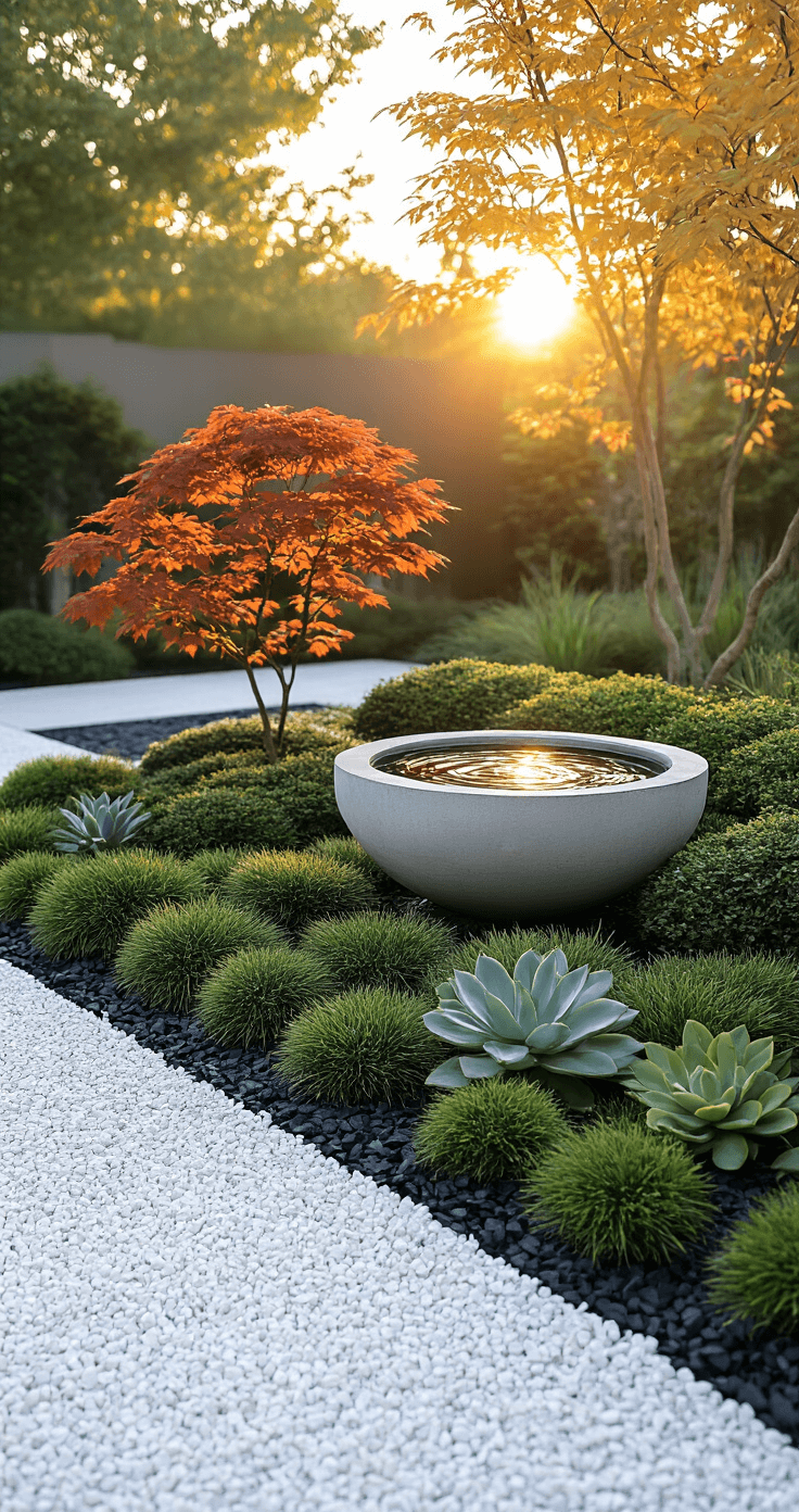 A modern minimalist garden featuring a sleek concrete bird bath surrounded by structured plantings of black mondo grass, architectural succulents, and a single Japanese maple, all set against crushed white marble mulch at golden hour.