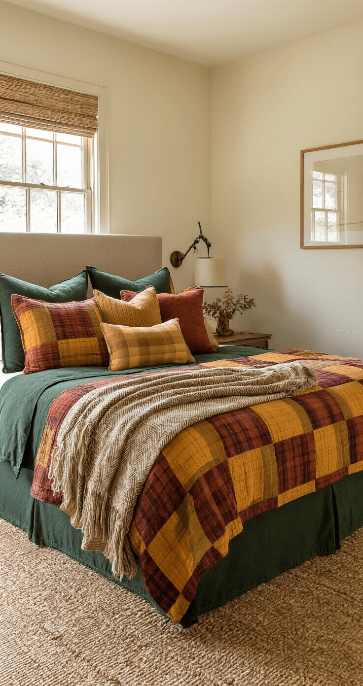 A cozy guest bedroom featuring a king-size bed with layered autumn-themed bedding in green, orange, yellow, and red, bathed in warm afternoon light, with a view of colorful fall foliage outside a large window.