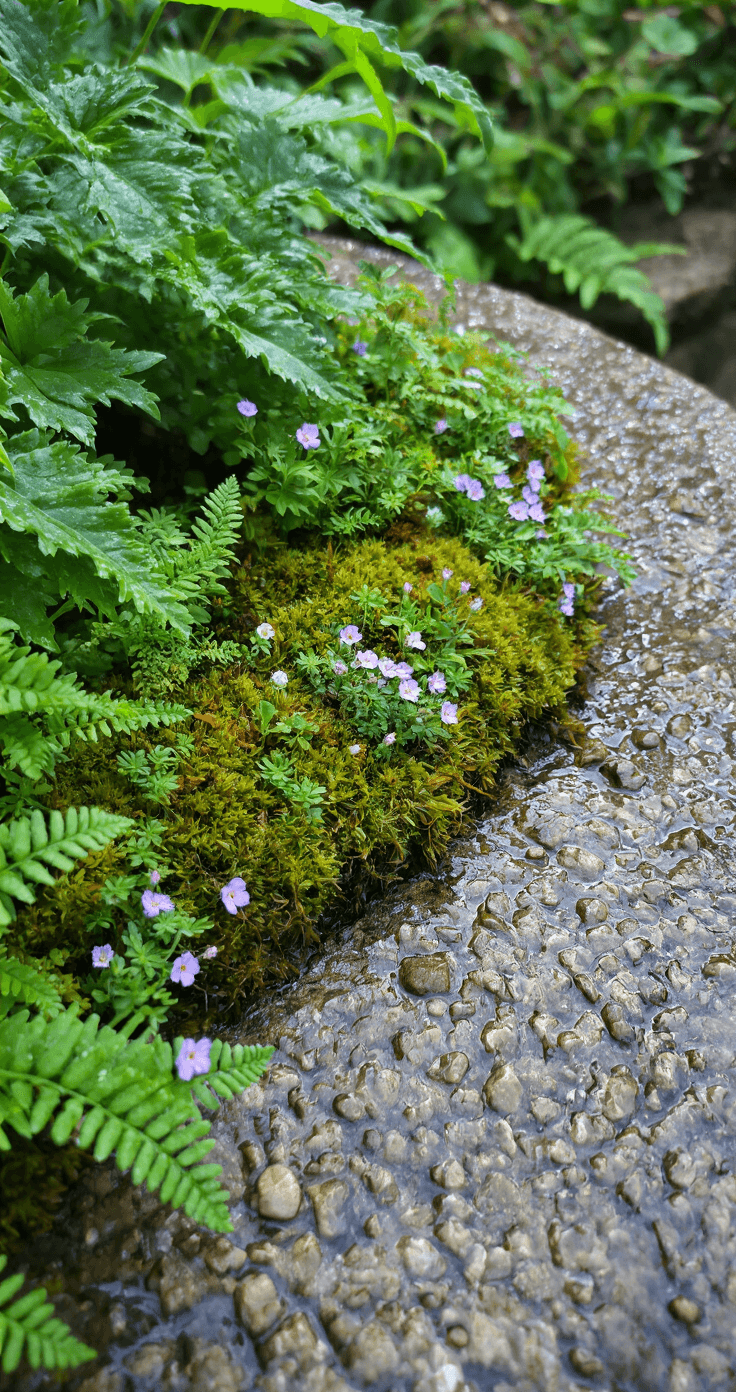 Close-up view of a stone bird bath edge surrounded by lush moss, tiny alpine flowers, and miniature ferns, enhanced by morning dew, capturing the texture contrast in a magical fairy-tale scene.