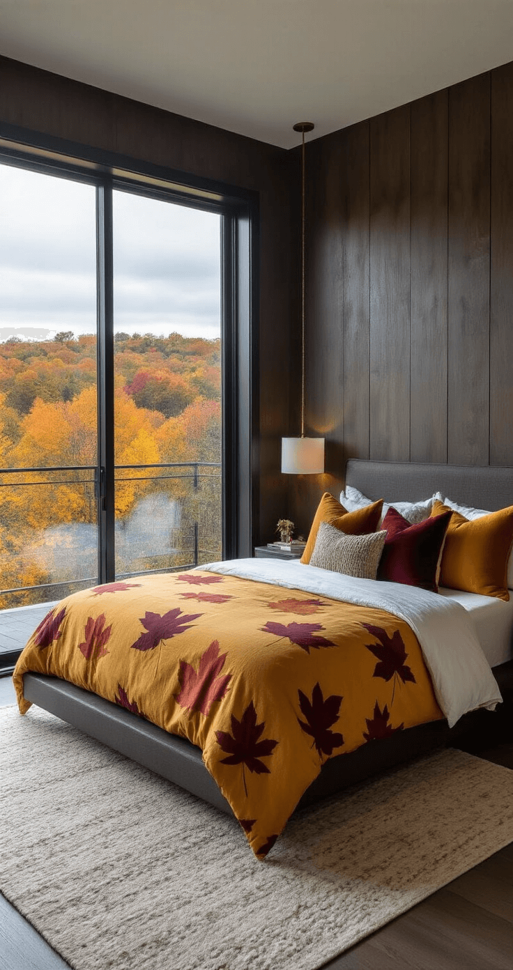 A modern primary bedroom featuring a low-profile king-size platform bed with bold fall bedding, floor-to-ceiling windows showcasing a vibrant autumn landscape, and warm ambient lighting from sleek bedside lamps.