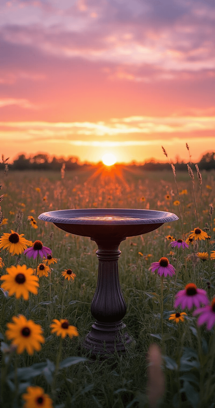 Silhouetted bronze bird bath at sunset in a wildflower meadow, surrounded by black-eyed susans and purple coneflowers, with a glowing golden backlight effect.