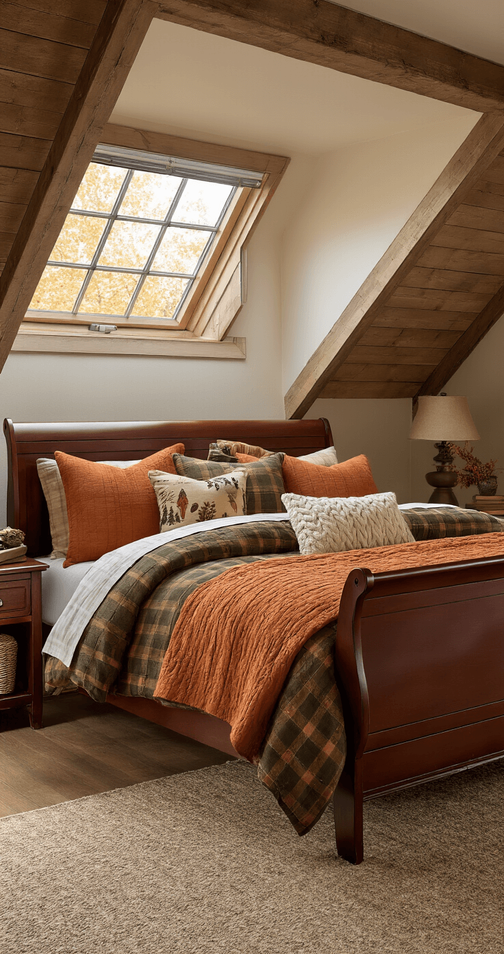 A cozy attic bedroom with sloped ceilings, featuring a king-size cherry wood sleigh bed adorned with layered fall-themed bedding, including a plaid flannel sheet, burnt orange quilted coverlet, cable-knit blanket, and assorted pillows. A warm glow from a copper floor lamp and soft evening light enhances the inviting atmosphere, while a hand-knitted throw rests on an antique wooden chest at the foot of the bed.