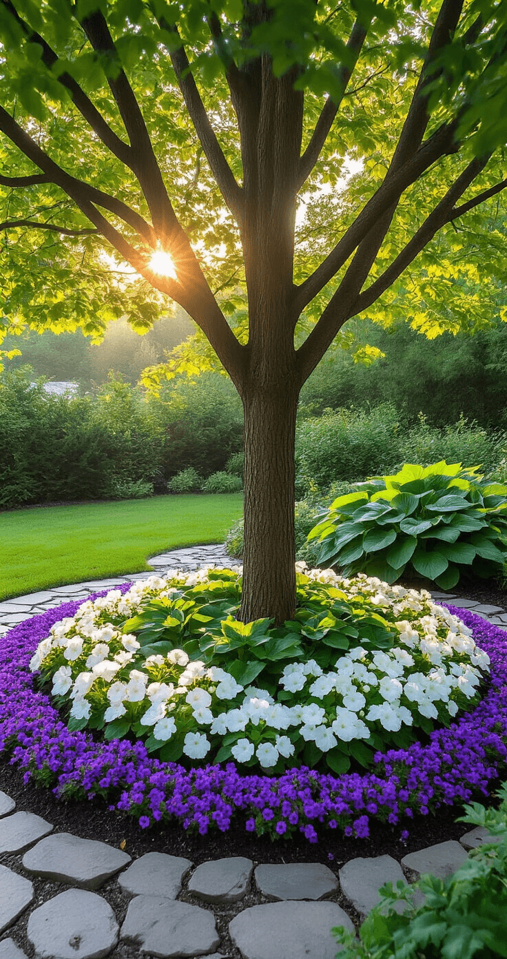 A serene morning garden scene with a mature maple tree and a circular flower bed featuring purple phlox, white impatiens, and emerald hostas, illuminated by golden morning light, creating dappled shadows on a stone-edged bed, shot at eye level with a dreamy bokeh effect.
