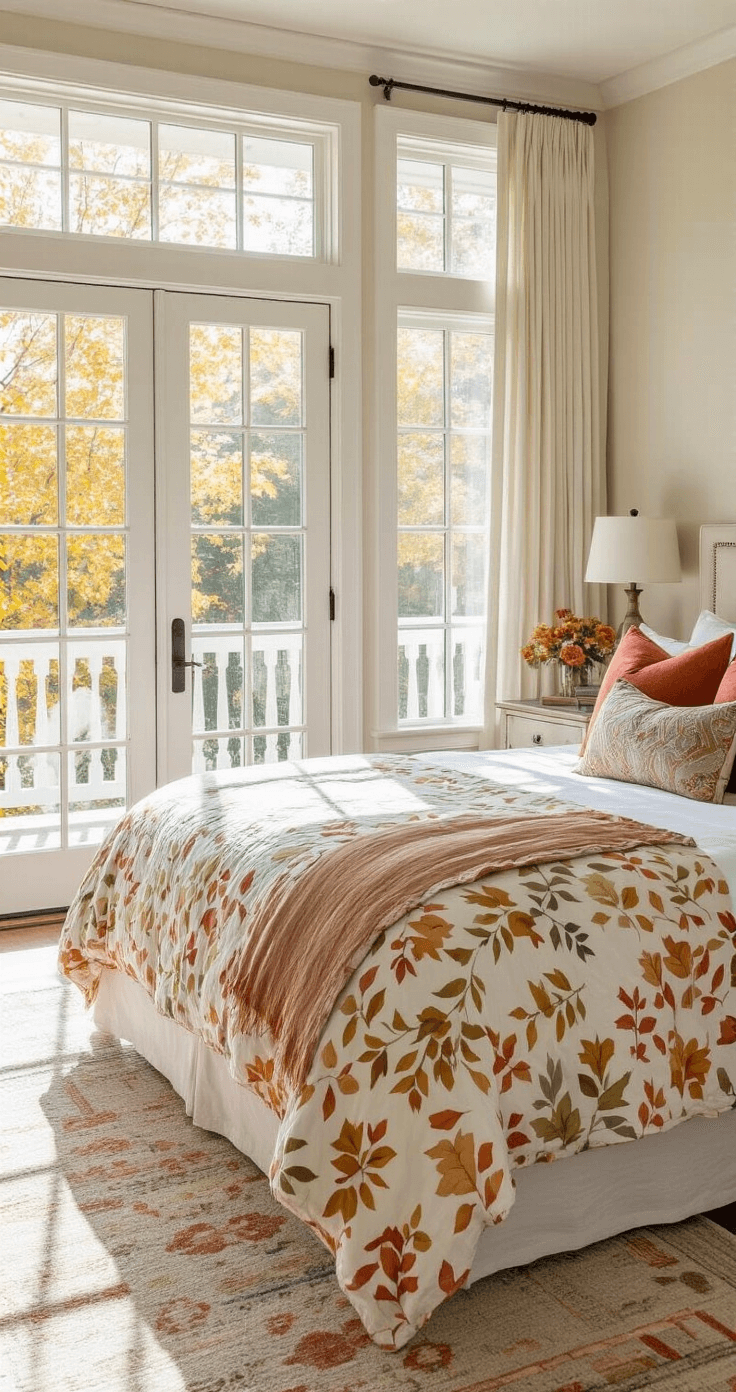 Bright and airy guest suite featuring a king-size bed with white wooden frame and fall-inspired bedding, including a geometric quilt and watercolor-style comforter. The room is illuminated by late morning sunlight streaming through French doors leading to a private balcony, with decorative pillows and a gradient throw enhancing the autumn theme. Weathered oak nightstands topped with glass lamps filled with autumn leaves complete the cozy atmosphere.