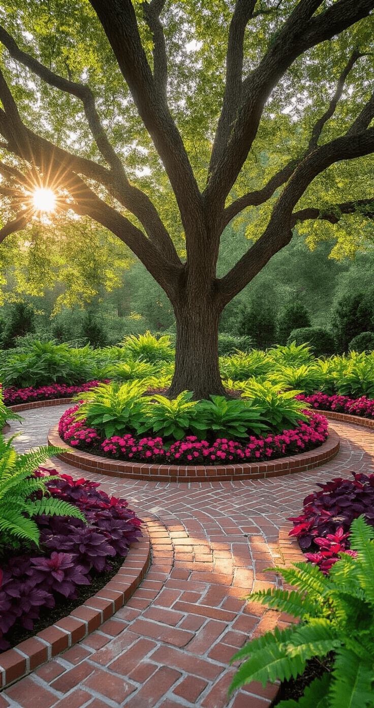 A professional landscape design featuring a large oak tree, surrounded by a herringbone-pattern brick border filled with burgundy heucheras, pink begonias, and tall ostrich ferns, set against a backdrop of a late afternoon sun; natural stone pathways and copper solar lights enhance the ambiance.
