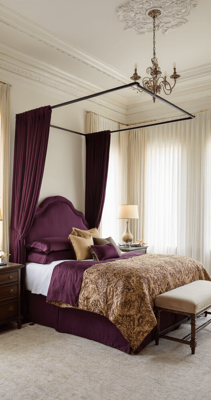 An elegant master suite featuring a king-size canopy bed with rich velvet upholstery, adorned with luxurious fall bedding in deep aubergine, burnished gold, and damask patterns. Soft dusk light filters through sheer curtains, enhancing the opulent decor including ornate crown molding, decorative pillows, and crystal lamps.