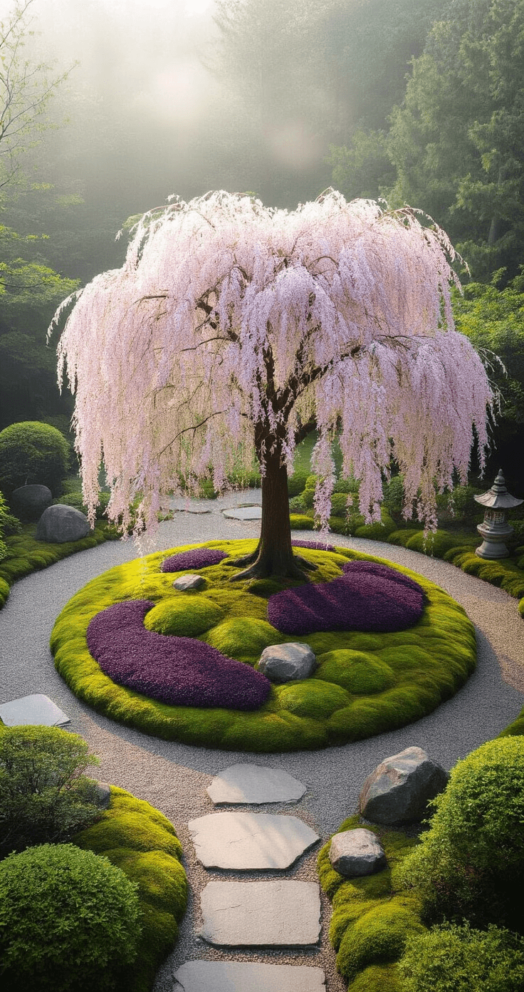 Overhead view of a serene Japanese-inspired tree garden featuring a weeping cherry tree at the center, surrounded by a 12-foot circular bed with moss, deep purple ajuga, and Japanese forest grass. Granite boulders and ceramic lanterns are artistically arranged, while early morning mist creates a tranquil atmosphere, enhanced by backlighting that highlights the tree's elegant silhouette.