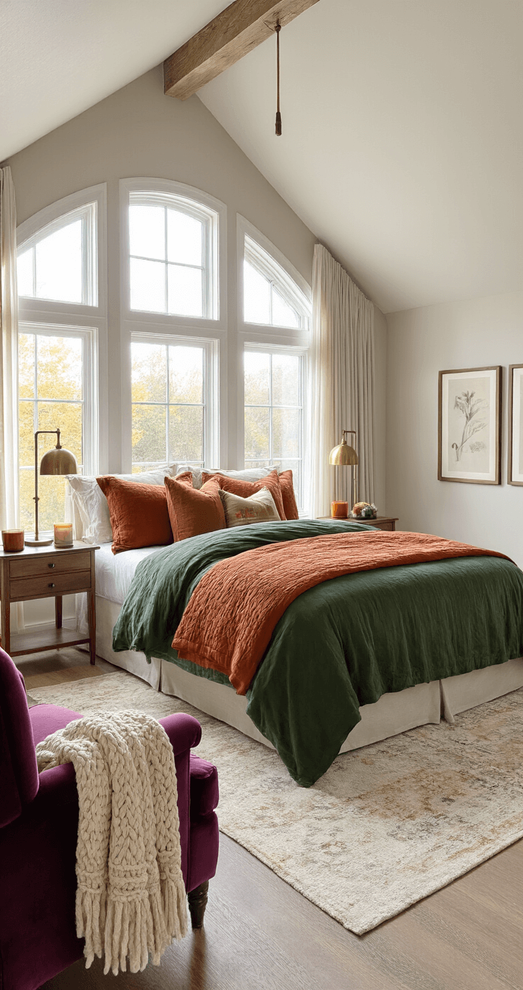 Spacious master bedroom with vaulted ceilings, featuring a king-size bed adorned in autumn-themed bedding, large bay windows with sheer curtains, brass lamps on nightstands, and a deep purple velvet armchair with a mug of cider.