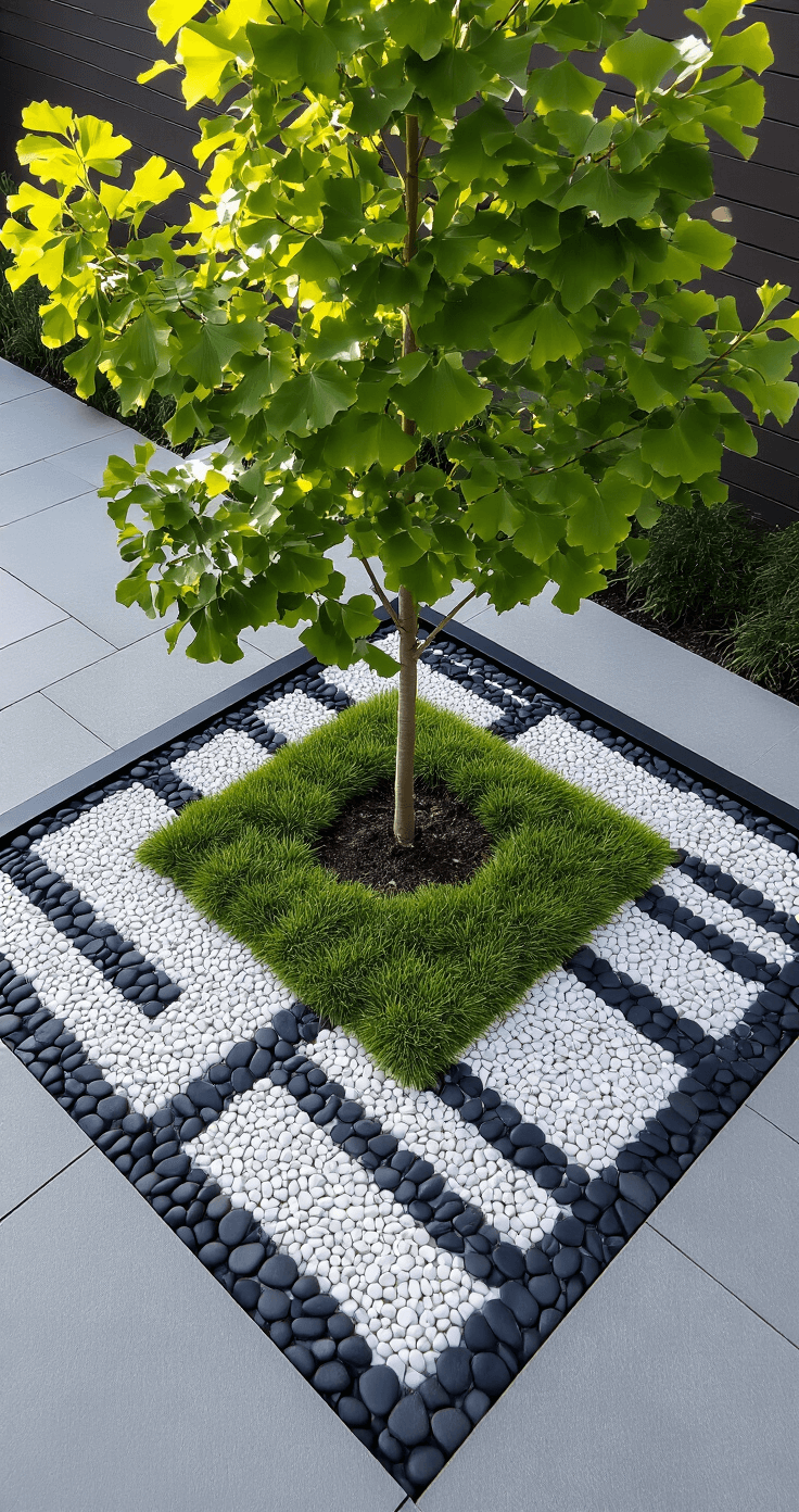 Detail shot of a modern minimalist tree garden featuring a young ginkgo tree, surrounded by geometric patterns of white marble chips and dark river rocks, with mondo grass and clean-lined metal edging, captured from above at a 45-degree angle in late afternoon light.