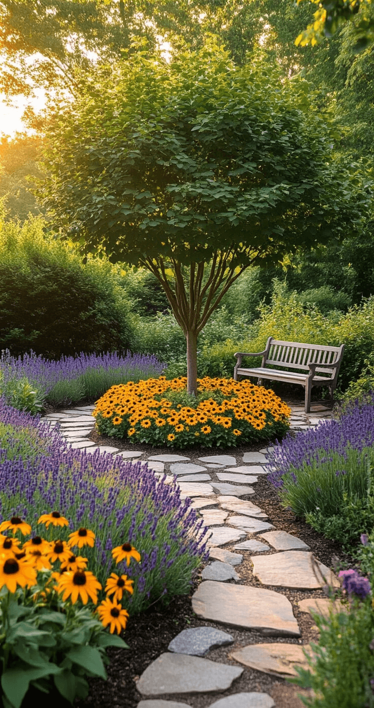 A wide-angle view of a cottage garden with concentric circles of lavender, black-eyed susans, and purple coneflowers surrounding a mature dogwood tree, featuring natural stone pathways and vintage garden accessories in warm morning light.