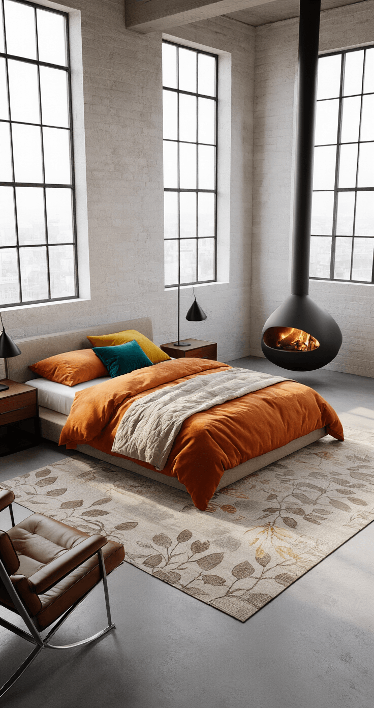A minimalist loft bedroom with floor-to-ceiling windows, polished concrete floors, and evening light casting shadows, featuring a low-profile pumpkin orange bed, brown quilt, colorful accent pillows, walnut nightstands with black lamps, a matte black freestanding fireplace, and a cognac brown leather chaise lounge.