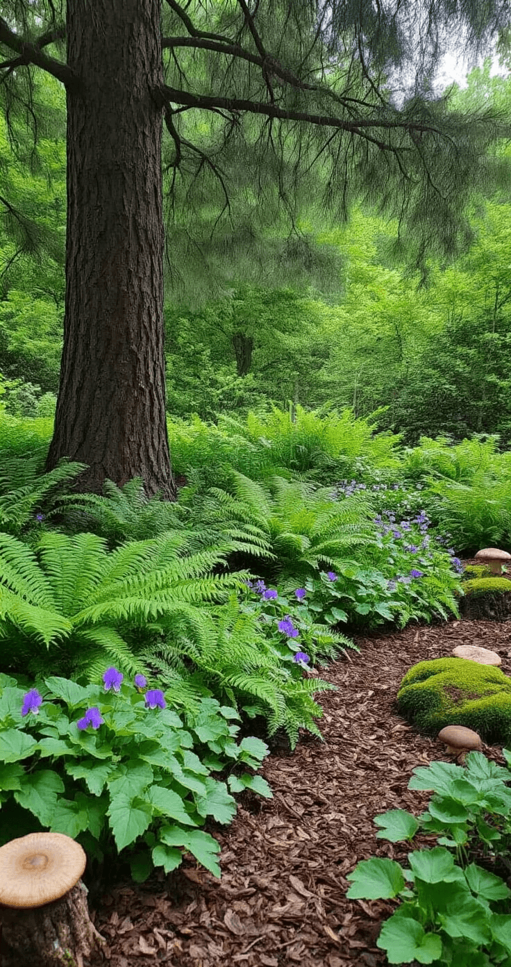 Macro view of a shaded woodland garden beneath a tall pine tree, featuring lush wood ferns, delicate bleeding hearts, and wild violets amidst natural leaf mulch, with scattered mushroom logs and mossy stones, captured in soft overcast lighting.