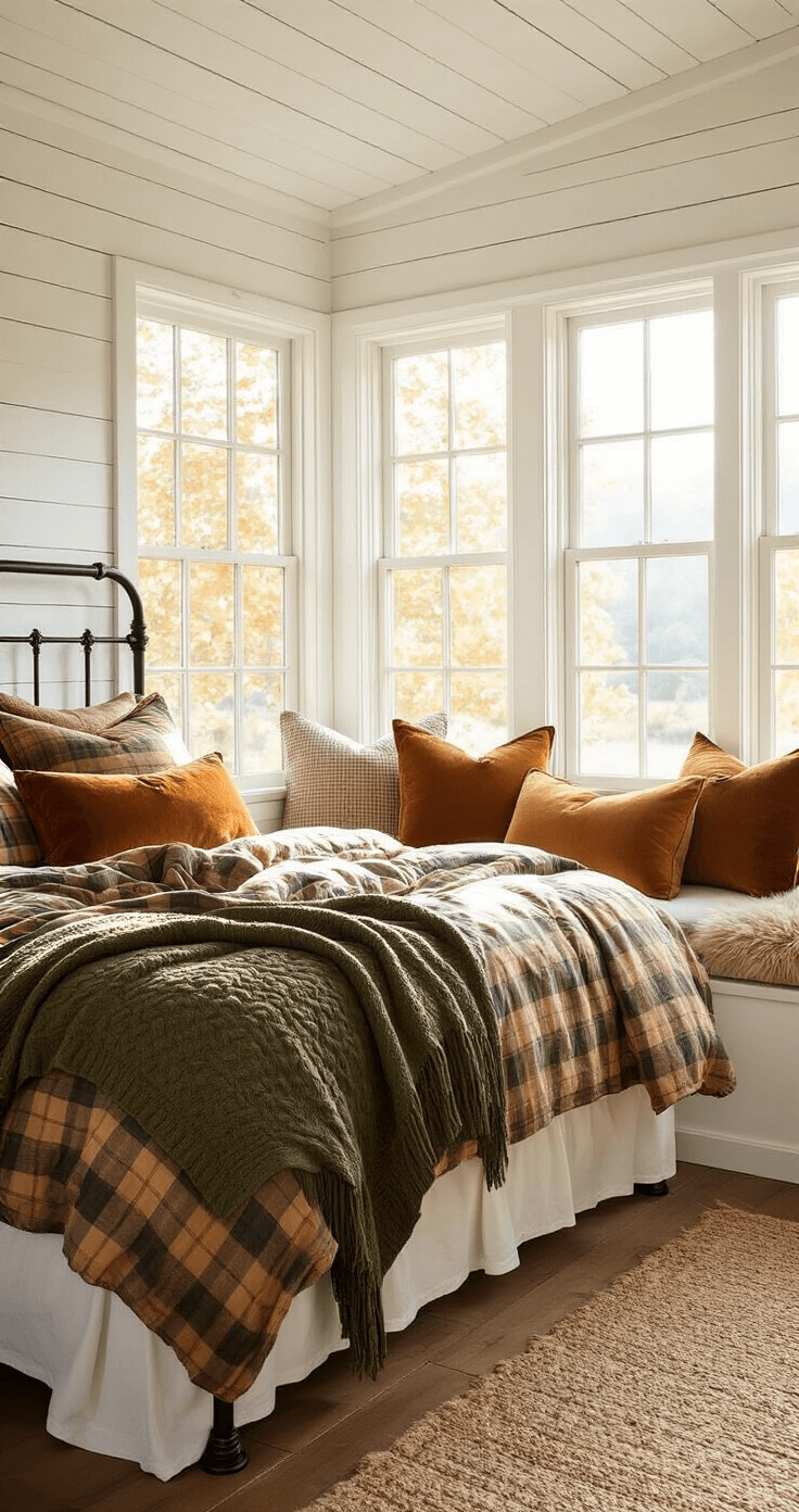 A cozy cottage bedroom featuring whitewashed wooden walls, a large bay window seat filled with cushions in autumn hues, an iron bed with layered fall-inspired bedding, and warm golden hour sunlight illuminating the space.