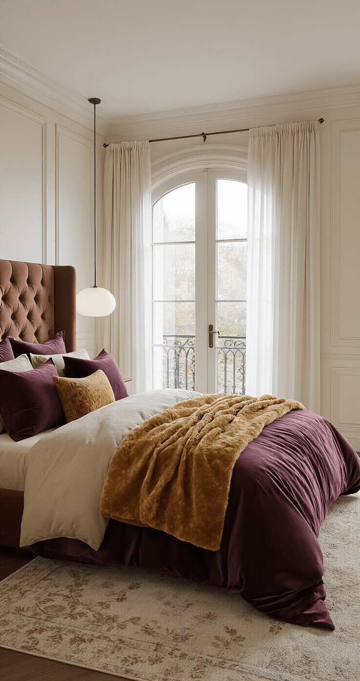 A luxurious hotel-style bedroom featuring a king-size bed with rich bedding, high ceilings, French doors leading to a private balcony, and a cozy seating area with a velvet chaise lounge, all illuminated by soft evening light.