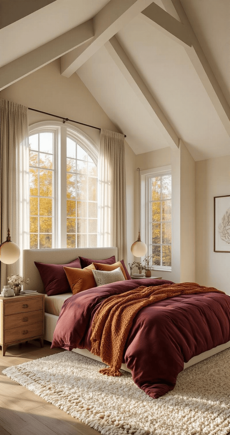 A cozy master bedroom with vaulted ceilings and large bay windows, featuring a king-size bed with autumnal bedding, warm sunlight filtering through sheer curtains, and a plush cream rug.