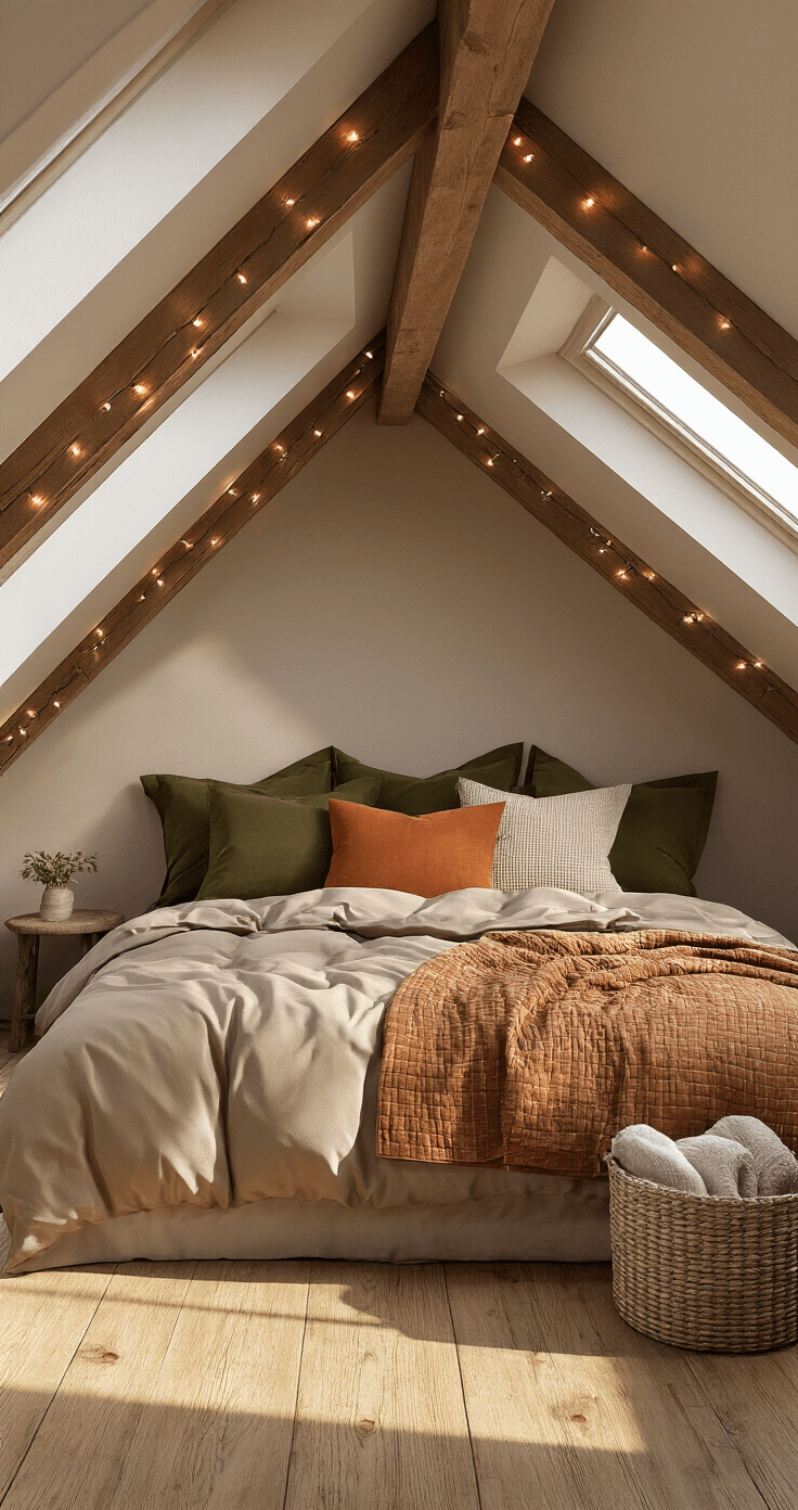 A cozy attic bedroom with slanted ceilings and dormer windows, featuring a full-size bed with warm bedding, taupe sateen sheets, a herringbone-patterned quilt, oversized euro pillows, and fairy lights along wooden beams, captured in soft, ambient light.