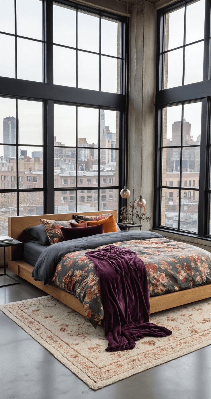 Contemporary loft bedroom featuring a queen-size platform bed with luxurious fall bedding, floor-to-ceiling windows with a cityscape view, polished concrete floors, and rich textures from velvet and linen pillows, all bathed in warm late afternoon light.