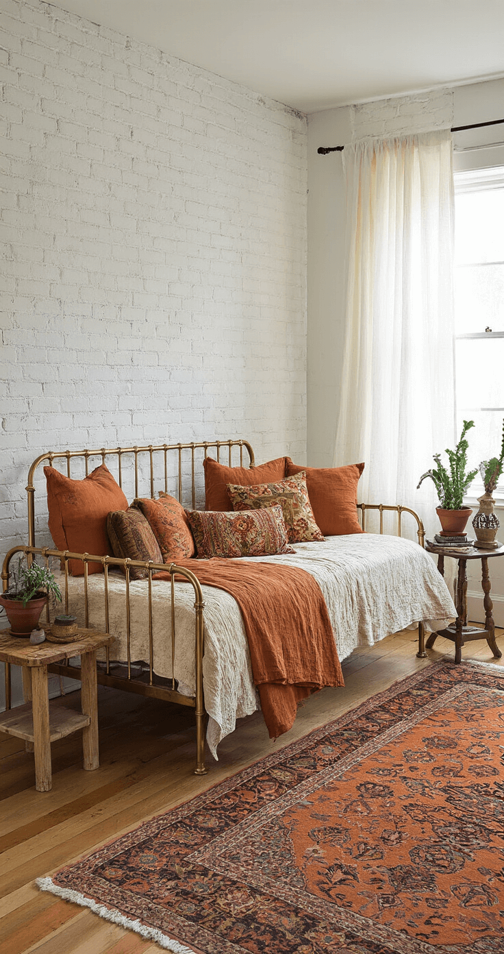 A cozy bohemian guest bedroom featuring a brass daybed with autumnal bedding, white-washed brick walls, hardwood floors, and bright sunlight filtering through gauzy curtains, adorned with eclectic pillows and a vintage Persian rug.