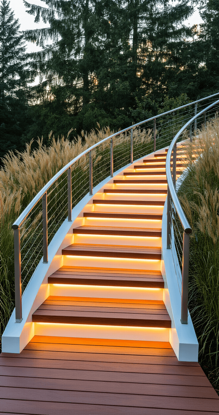 A grand S-curve composite deck staircase with warm ipe-colored treads and white risers, illuminated by integrated LED strips, surrounded by ornamental grasses and evergreen trees, photographed at golden hour.