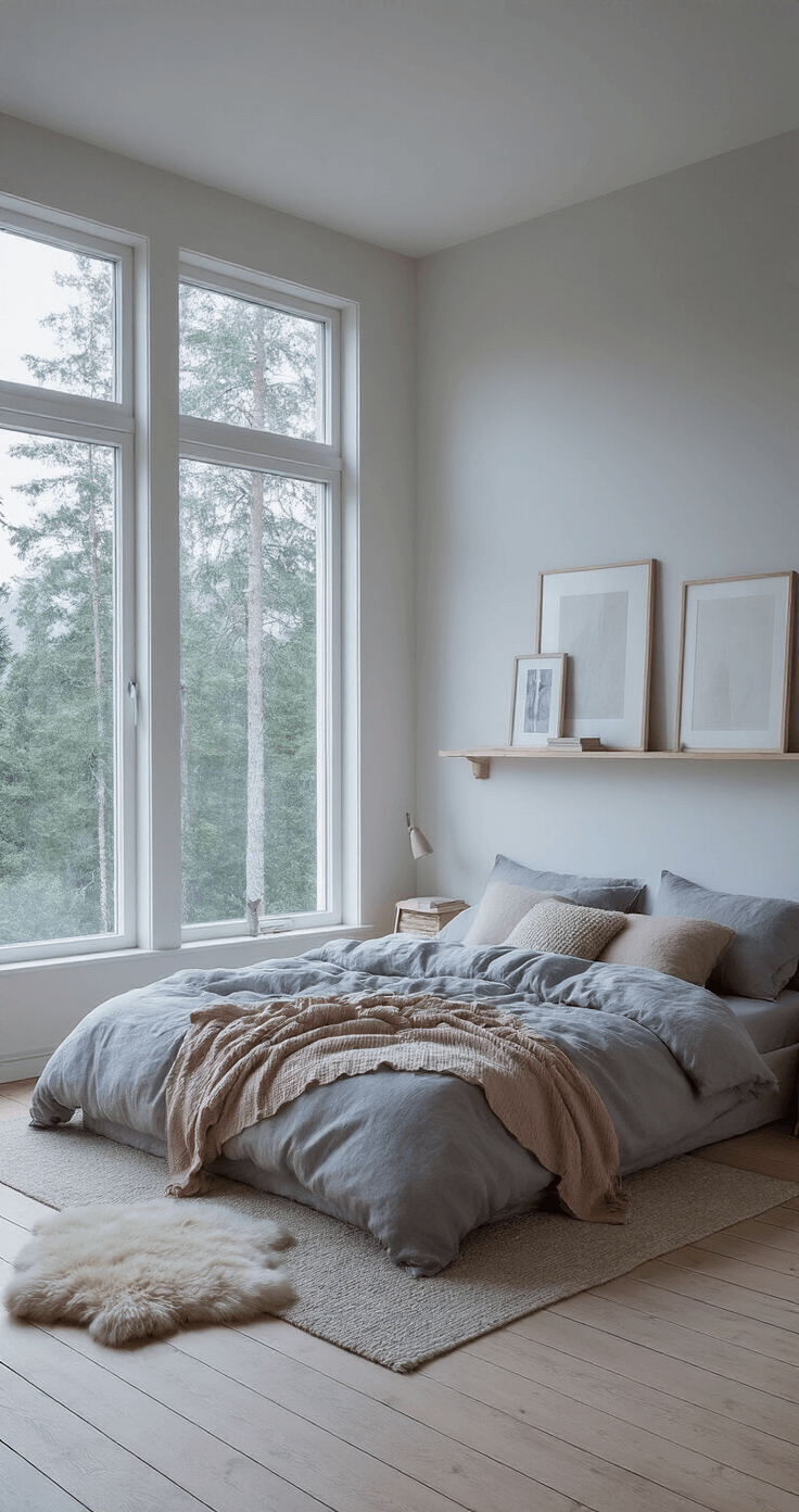A serene Scandinavian bedroom with pale wood floors and a large window overlooking a forest during twilight, featuring a low-profile queen bed with muted bedding, slate blue and oatmeal pillows, a mohair throw, minimalist artwork on floating shelves, and a small sheepskin rug.