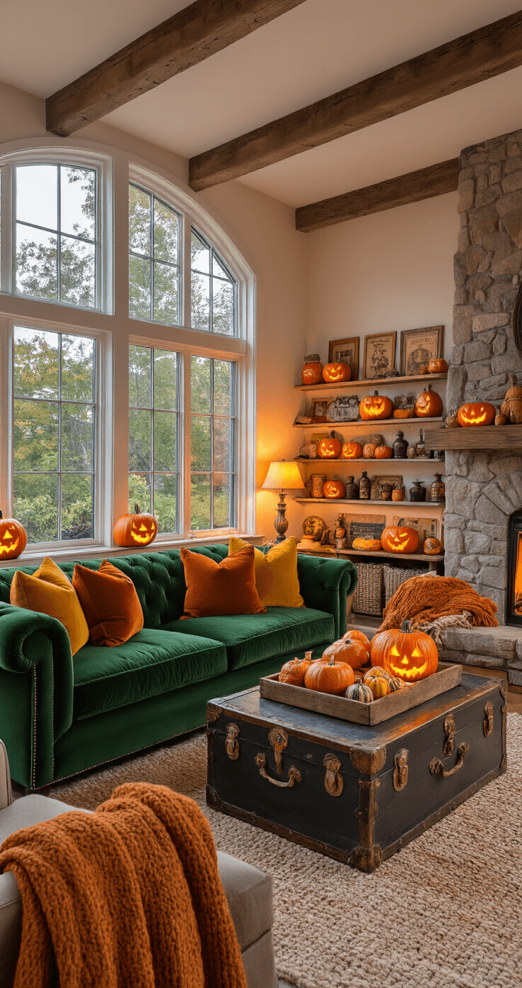 A cozy twilight living room with warm orange light from jack-o'-lanterns, featuring a forest green velvet sofa, vintage Halloween postcards, and a stone fireplace, all surrounded by autumn decor and soft blankets. Halloween Boo Basket