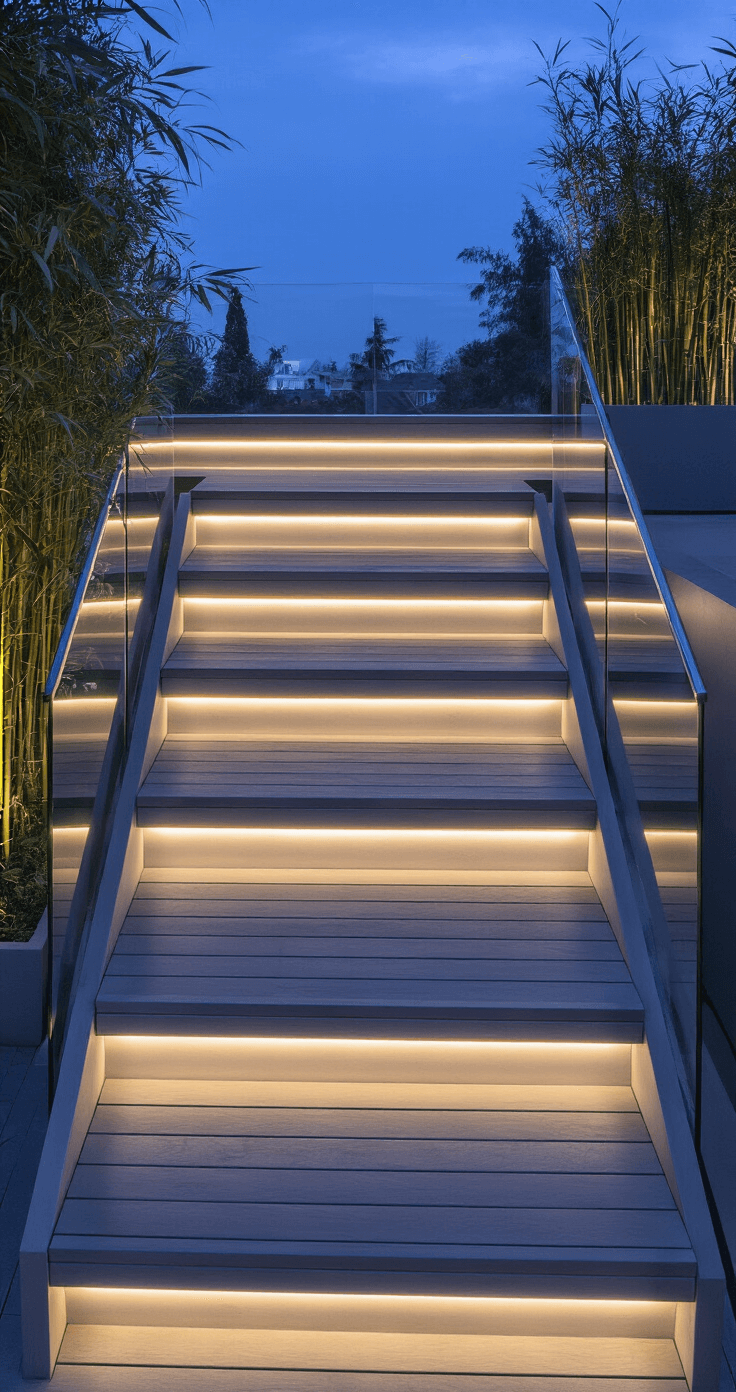Contemporary tiered deck steps at twilight, featuring three stacked platforms with built-in LED lighting, minimalist glass railings, and bamboo planters, captured from an elevated position.