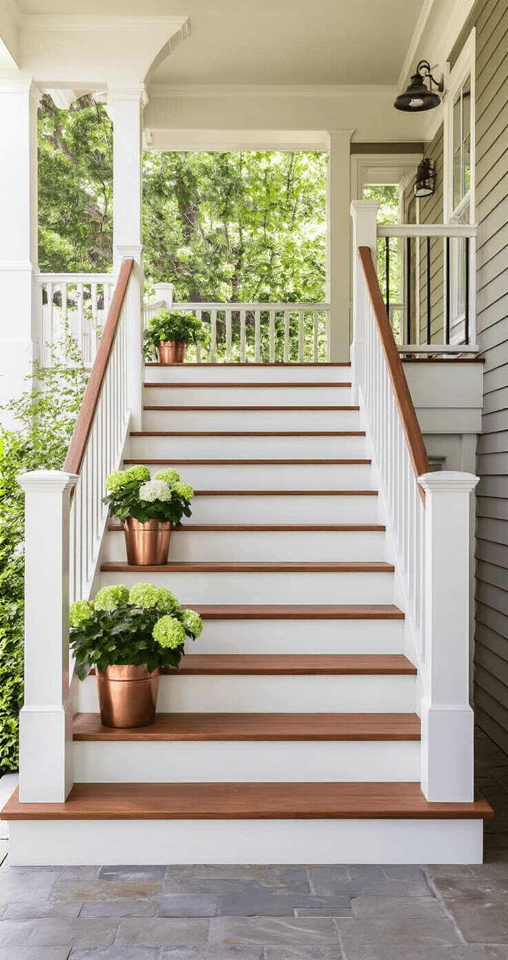 Classic cedar wood stairs with a rich mahogany stain illuminated by natural light, featuring 8 treads, Craftsman-style white posts, black metal balusters, and flanked by potted hydrangeas in copper planters.