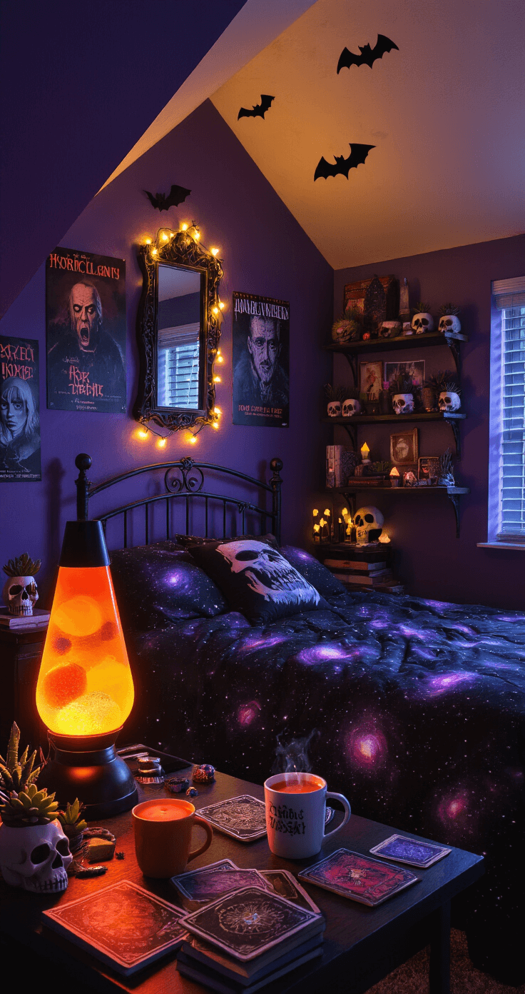 A dimly lit teenage bedroom with dark purple walls, a wrought iron bed with galaxy-print bedding, a large mirror with stick-on bats, horror movie posters, a desk with a steaming mug of orange hot chocolate, spell books, tarot cards, trinkets, crystals, and skull-shaped planters, all illuminated by string lights and a lava lamp, shot from a low angle for a moody, unsettling effect.