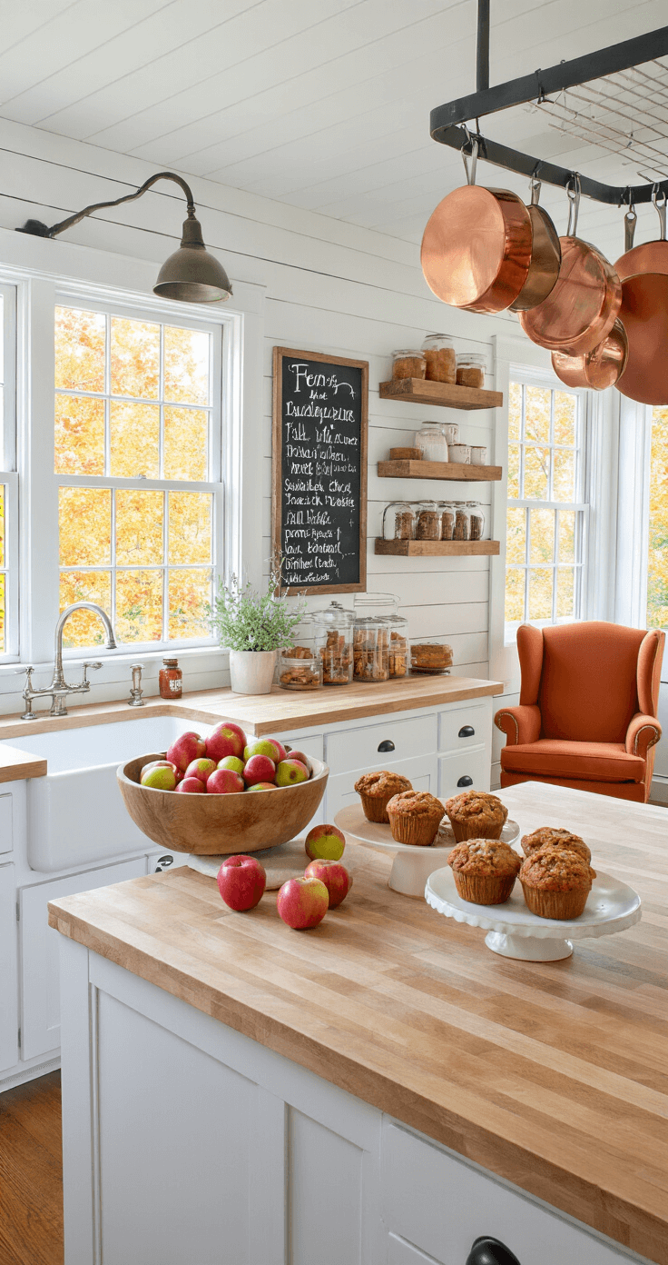 A bright, airy kitchen featuring white shiplap walls and butcher block countertops, with fall foliage visible through a farmhouse sink window. The island is adorned with a bowl of apples and a cake stand with pumpkin muffins, while copper pots hang above. A chalkboard menu displays festive drinks, and mason jars with spices line the shelves. A cozy burnt orange velvet wingback chair completes the inviting atmosphere, all bathed in warm morning light.