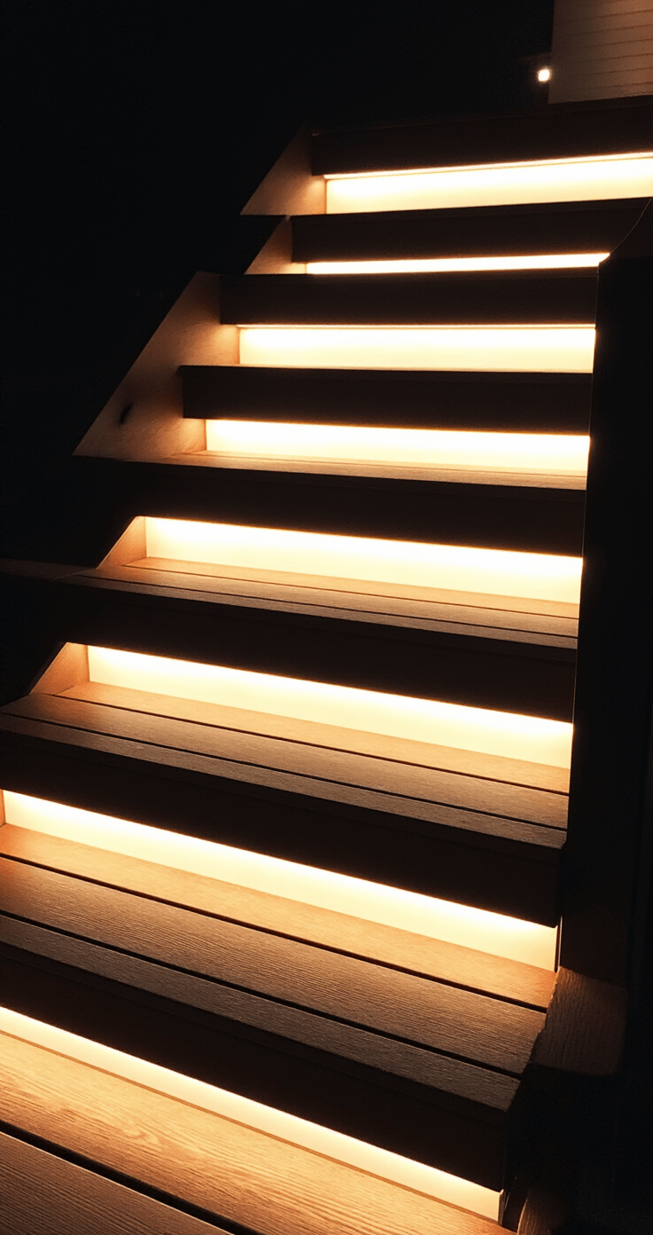 Dramatic nighttime shot of floating deck steps, illuminated by recessed lighting, showcasing six 5-foot-wide steps that appear to hover with a warm ethereal glow against dark Brazilian walnut composite material, captured from a low angle with a shallow depth of field highlighting textural details.