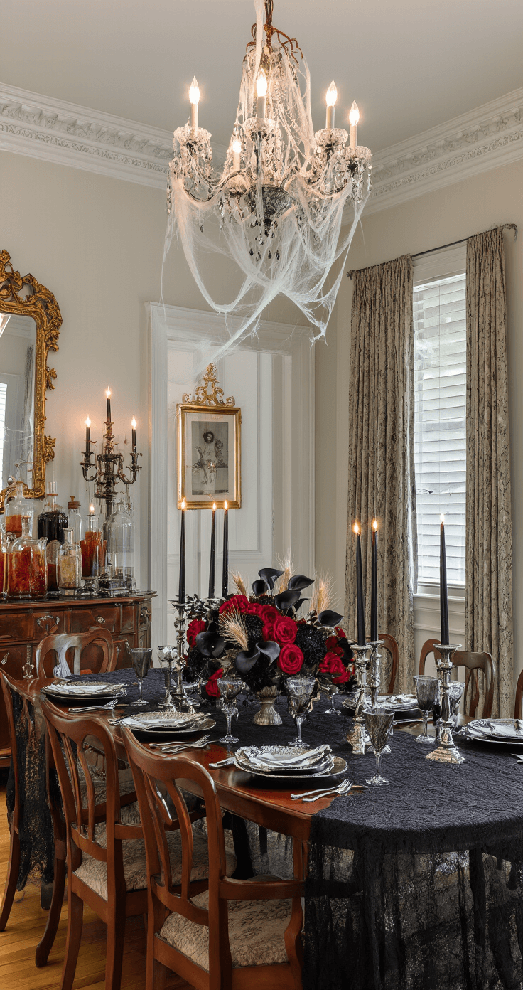 An elegant Halloween dining room featuring a mahogany table dressed in black lace, fine charcoal and silver china, and a dramatic floral centerpiece, illuminated by flickering candlelight and embellished with cobwebs and vintage apothecary bottles.