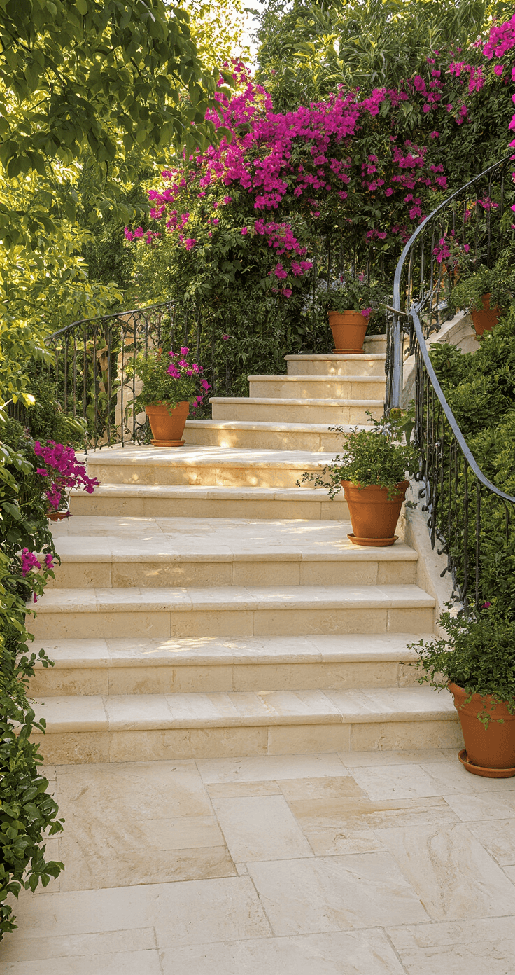 Mediterranean-inspired stone deck steps made of cream-toned travertine with bullnose edges, surrounded by terraced gardens featuring terracotta planters and cascading bougainvillea, captured from a 45-degree angle highlighting shadows and textures.