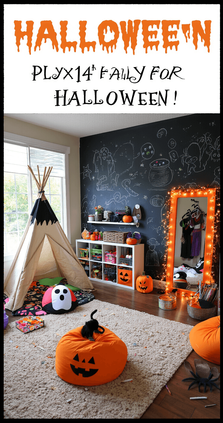 A whimsical Halloween-themed children's playroom with a chalkboard wall, a teepee decorated as a witch's hut, colorful pumpkin and ghost-shaped bean bags, craft supplies on a low table, a dress-up corner with costumes and twinkling lights, and a cozy reading nook filled with Halloween storybooks, all captured from a child's eye level in soft, warm lighting.