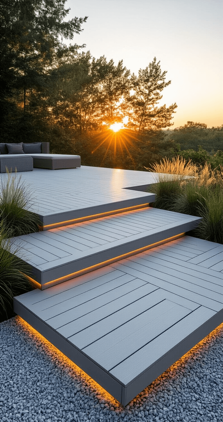 Modern minimalist deck platform steps at sunrise, featuring three oversized light gray composite landings with hidden LED lighting, surrounded by zen-style gravel gardens and architectural grasses, captured with a telephoto lens to highlight clean lines.