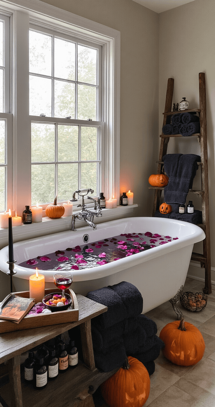 A tranquil master bathroom with a clawfoot tub filled with dark purple water and floating rose petals, surrounded by flickering candles, a wooden tray with red wine and ghost story book, plush black towels, small pumpkins, and a vintage vanity adorned with deep-hued beauty products, creating a relaxing Halloween ambiance.