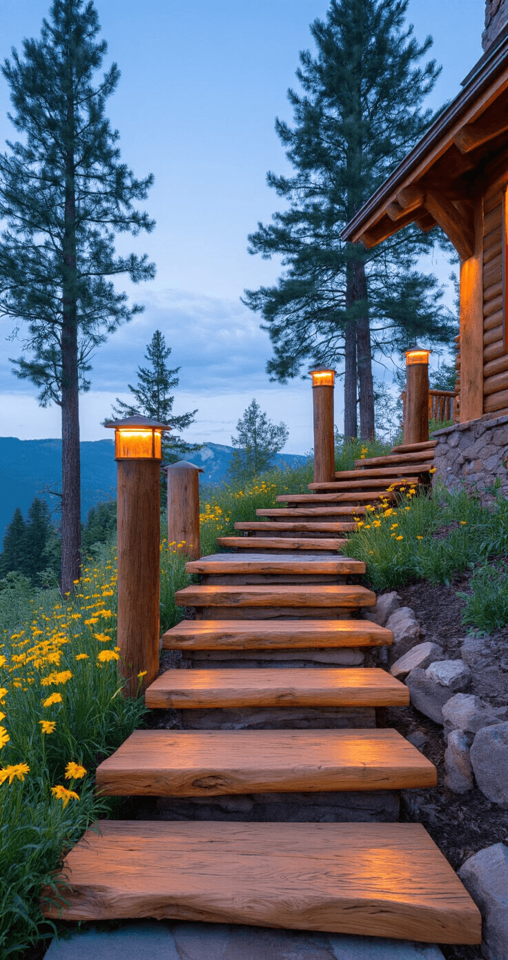 Rustic mountain lodge deck steps at dusk, featuring large timber treads, solar-powered copper cap lights, and native wildflowers alongside a stone landing, set amidst a natural landscape.
