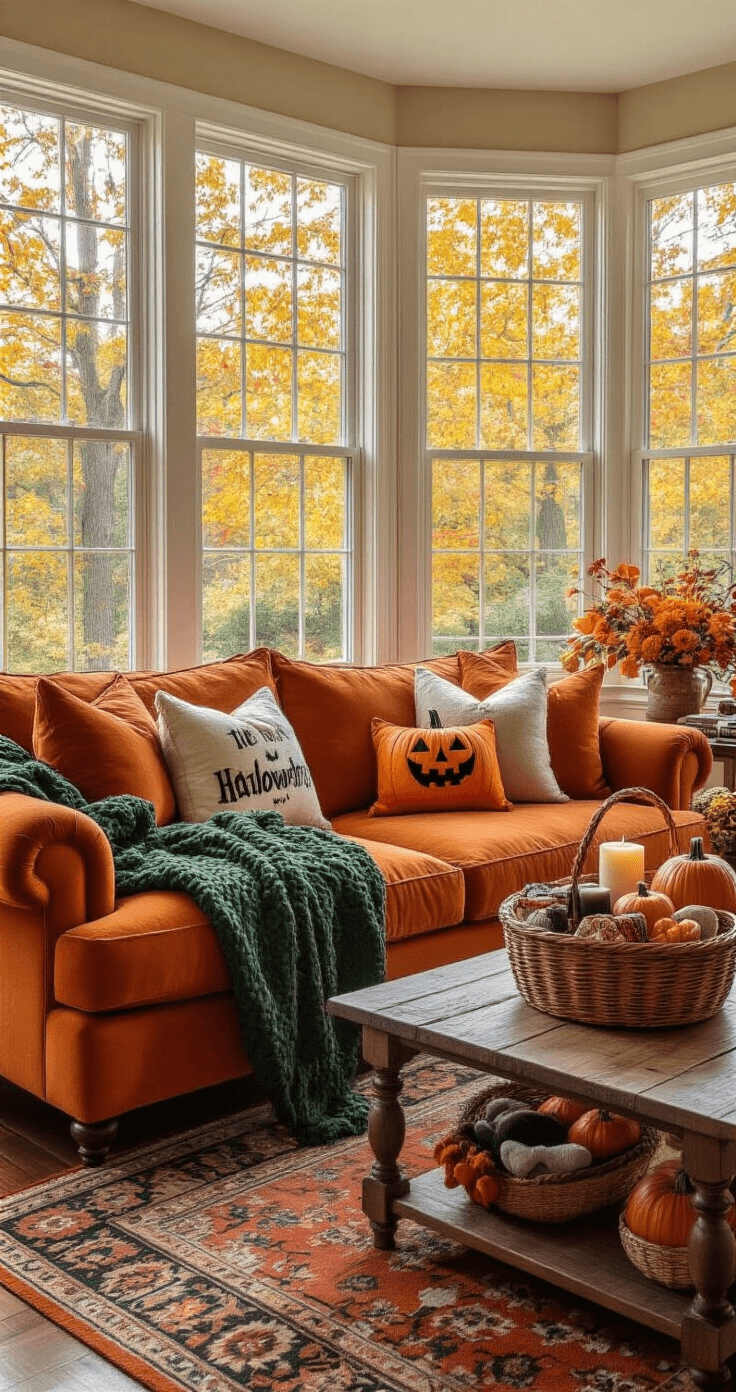 A cozy autumn living room with a burnt orange sofa, Halloween-themed pillows, a rustic wooden coffee table with a boo basket, and a bay window showcasing golden-leaved trees, all bathed in warm afternoon light.