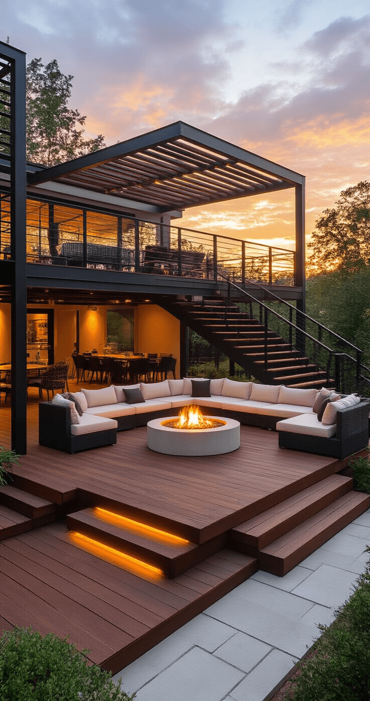 A multi-level elevated deck at golden hour, showcasing rich mahogany wood and black metal railings. The upper level features a modern dining set beneath a slatted pergola, while the middle tier has a cream-cushioned conversation pit around a circular fire pit. The lowest tier transitions into a zen garden, with warm light filtering through the pergola slats, casting dramatic shadows, and subtle LED lighting under each step.