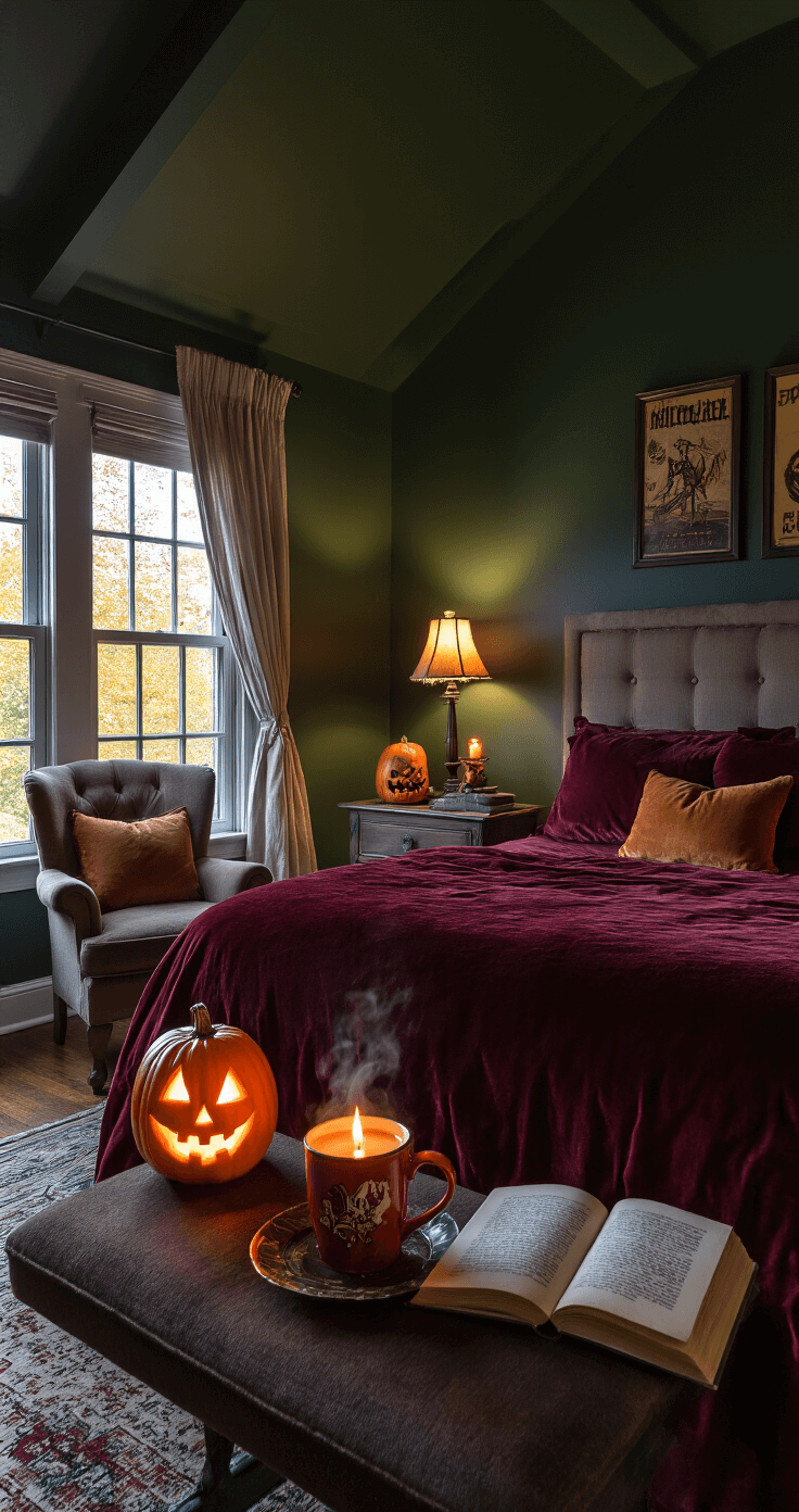 A dimly lit master bedroom with vaulted ceilings, featuring a king-size bed with burgundy linens and a pumpkin velvet throw, a nightstand with a Halloween-themed mug and a jack-o'-lantern candle, a cozy reading nook with a plush armchair and an open spooky novel, deep forest green walls adorned with vintage Halloween prints, and sheer curtains billowing from an open window, all creating a mysterious yet romantic ambiance.